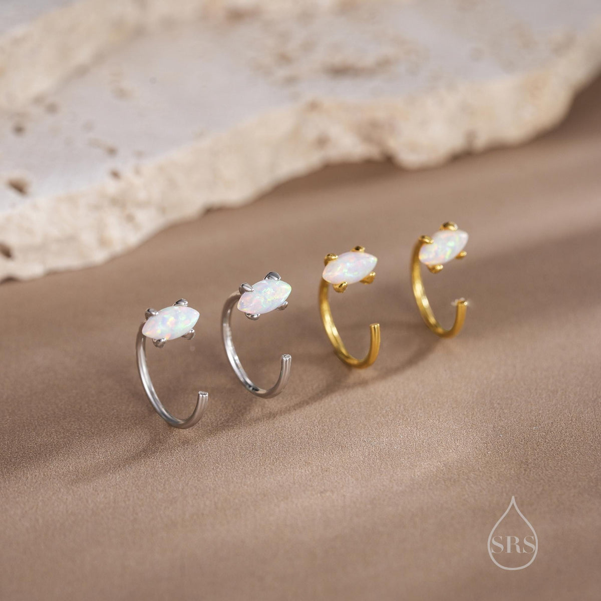 Minimalist Opal Marquise Huggie Hoop Threader Earrings in Sterling Silver, Gold or Silver, Pull Through Open Hoop Earrings,