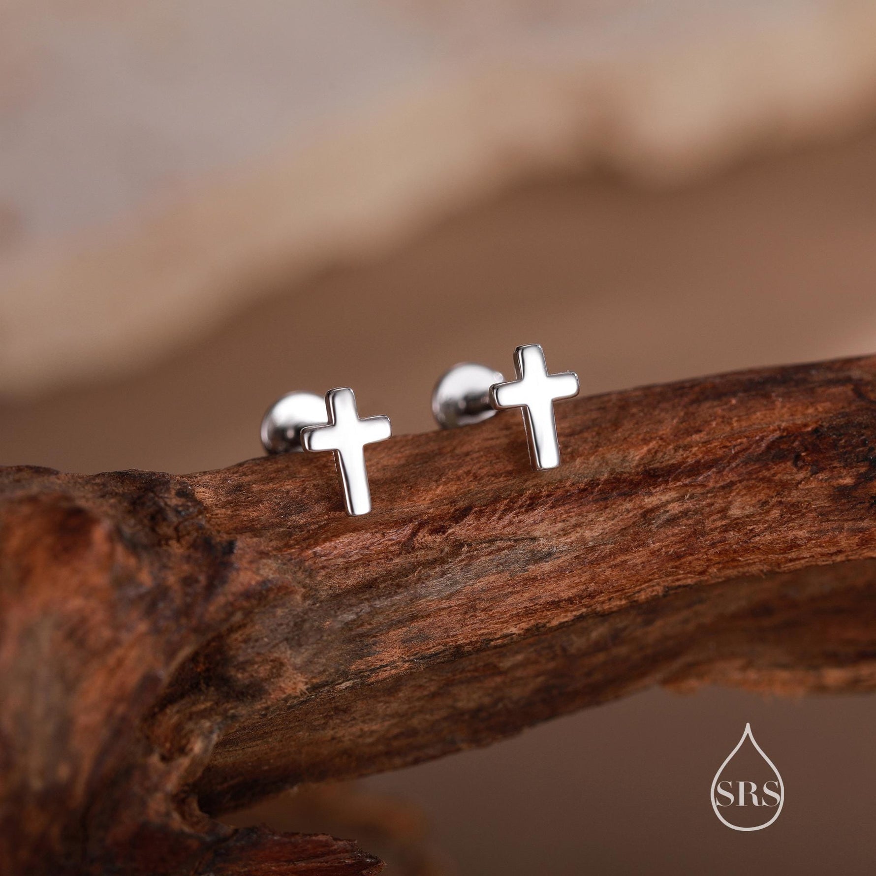 Tiny Cross 16G Internally Threaded Flat Back Earrings in Sterling Silver