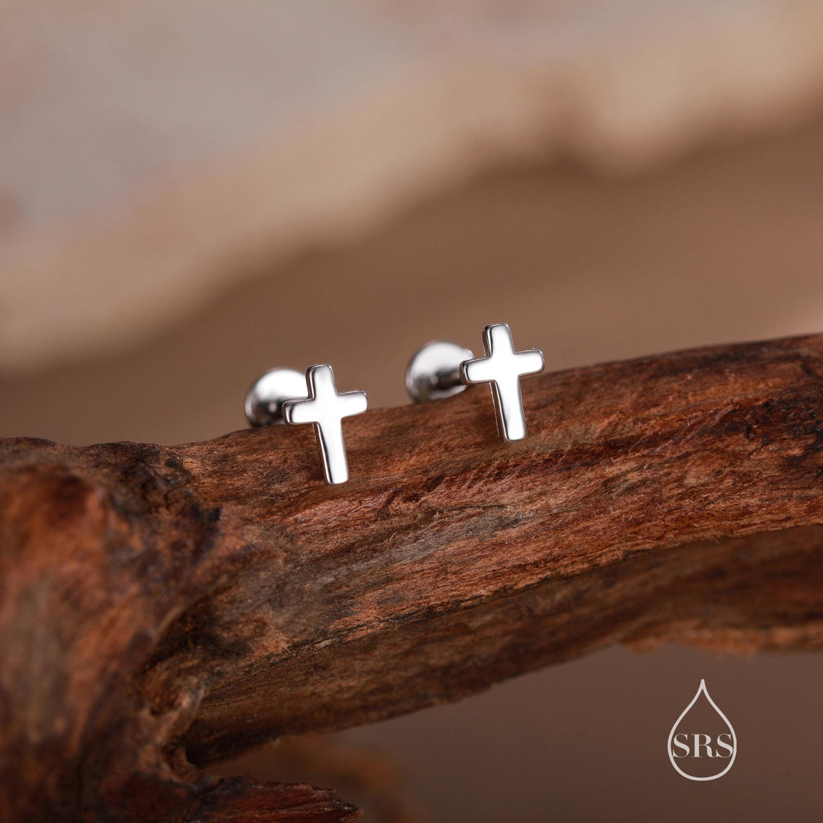 Tiny Cross 16G Internally Threaded Flat Back Earrings in Sterling Silver