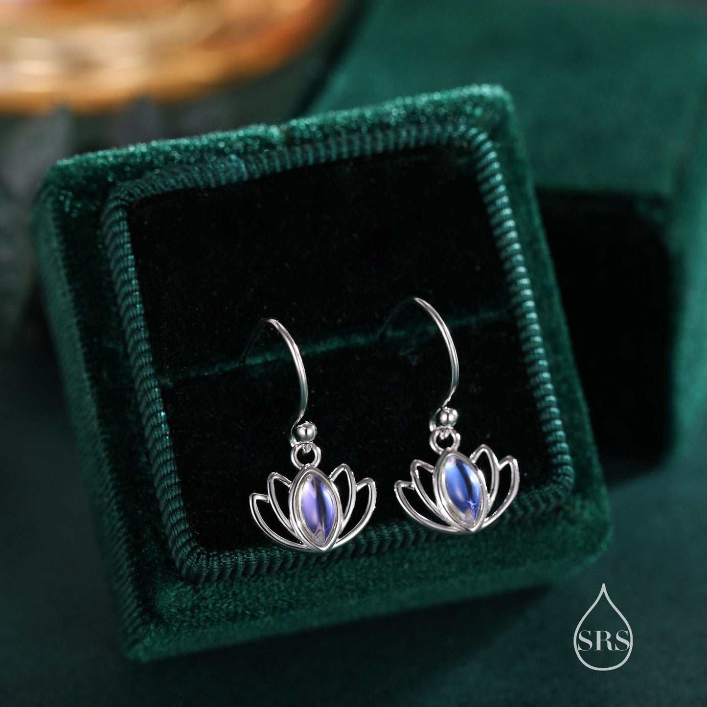 Sterling Silver Lotus Flower Drop Hook Earrings with Lab Moonstone, Silver or Gold or Rose Gold, Water Lily Earrings, Lotus Earrings