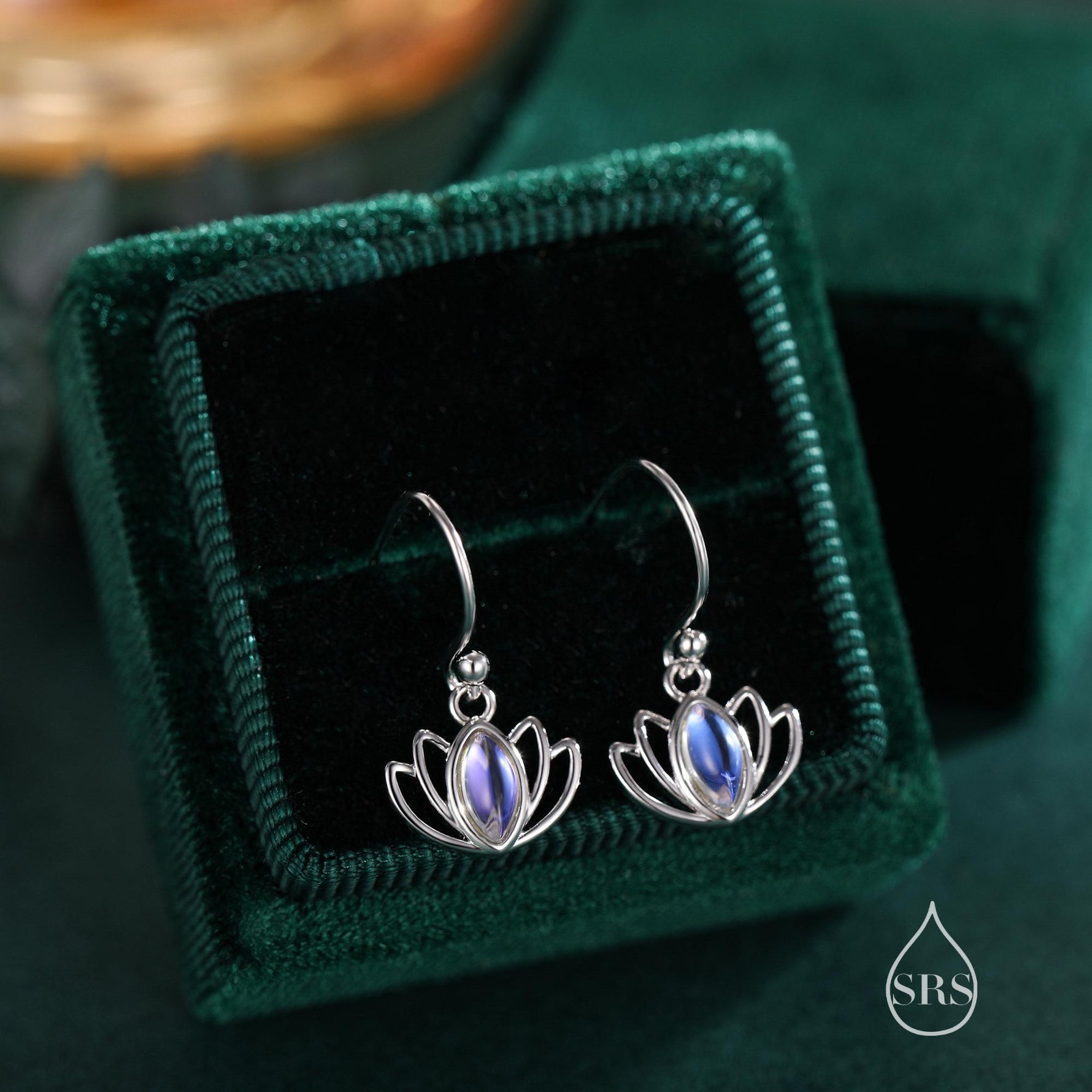 Sterling Silver Lotus Flower Drop Hook Earrings with Lab Moonstone, Silver or Gold or Rose Gold, Water Lily Earrings, Lotus Earrings