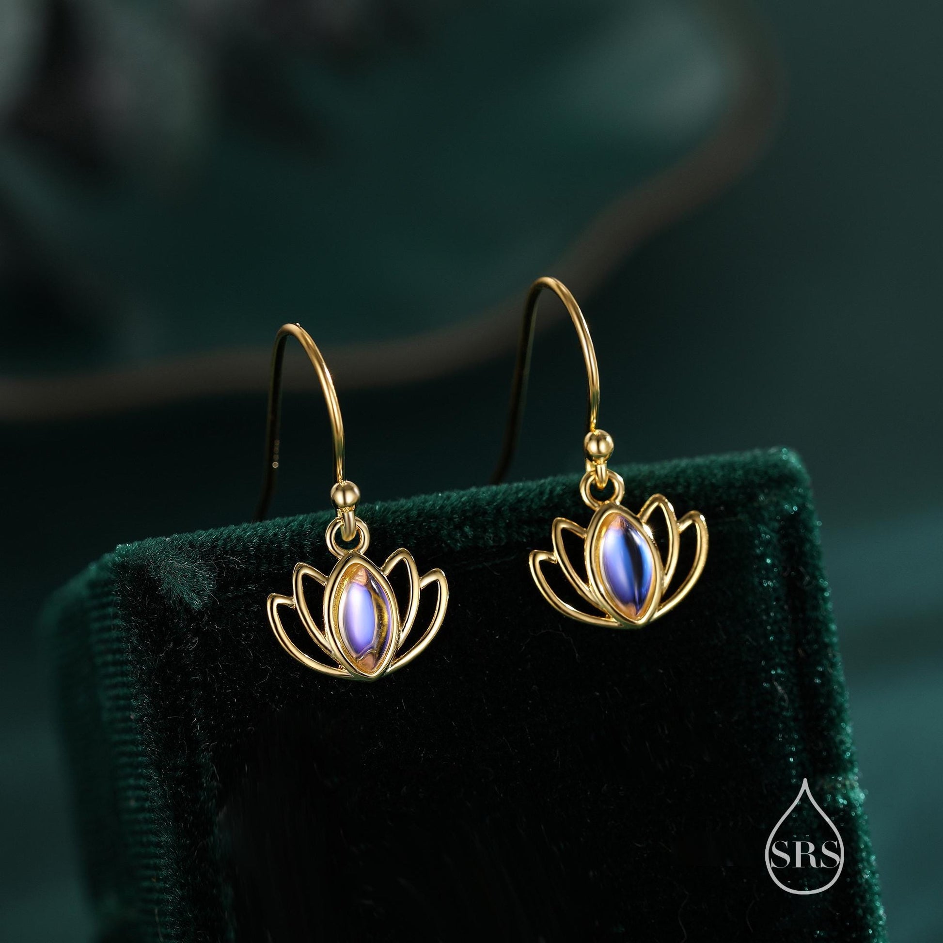 Sterling Silver Lotus Flower Drop Hook Earrings with Lab Moonstone, Silver or Gold or Rose Gold, Water Lily Earrings, Lotus Earrings