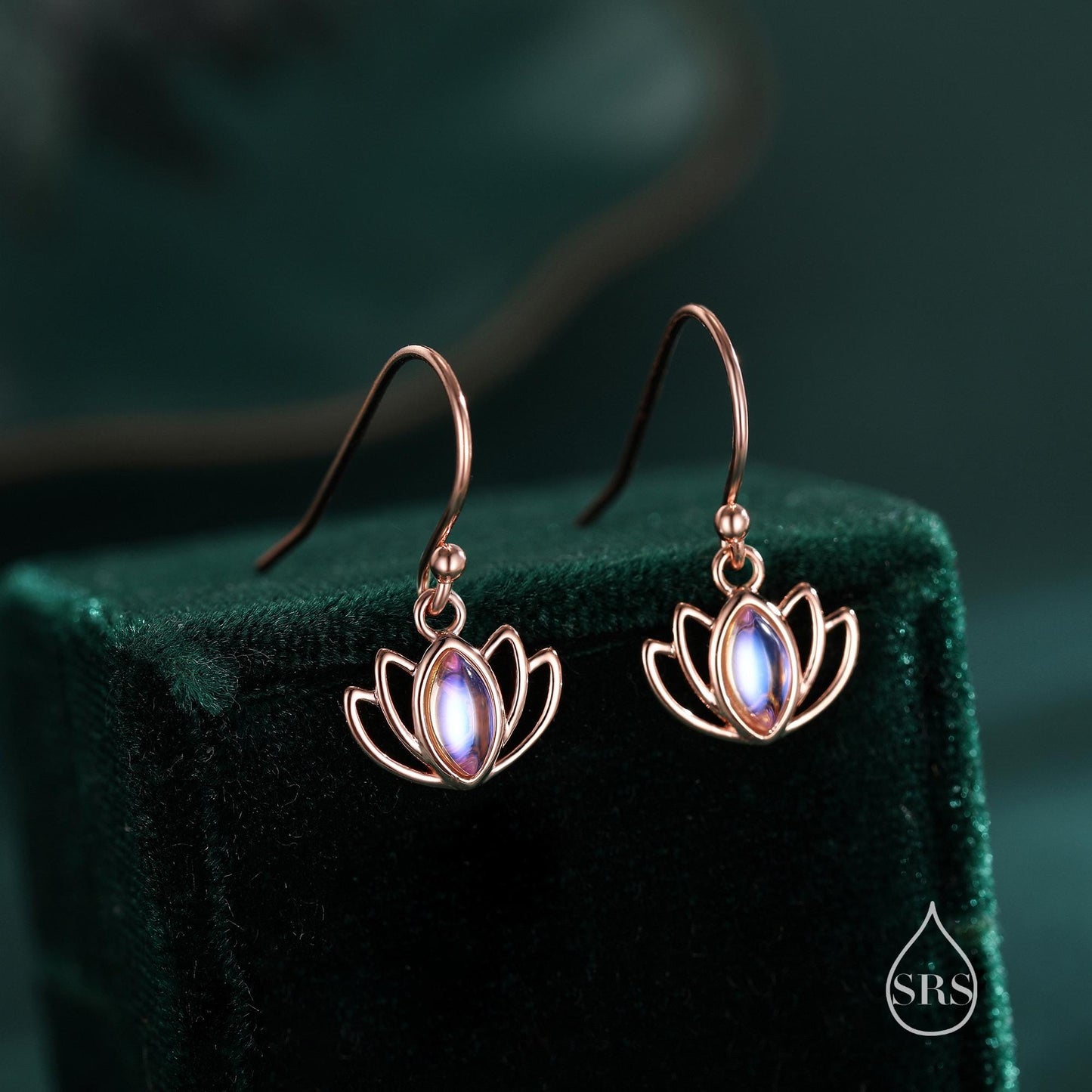Sterling Silver Lotus Flower Drop Hook Earrings with Lab Moonstone, Silver or Gold or Rose Gold, Water Lily Earrings, Lotus Earrings