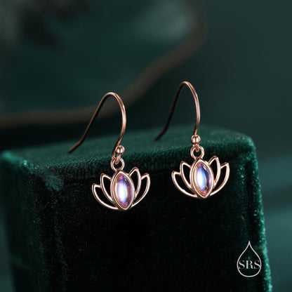 Sterling Silver Lotus Flower Drop Hook Earrings with Lab Moonstone, Silver or Gold or Rose Gold, Water Lily Earrings, Lotus Earrings