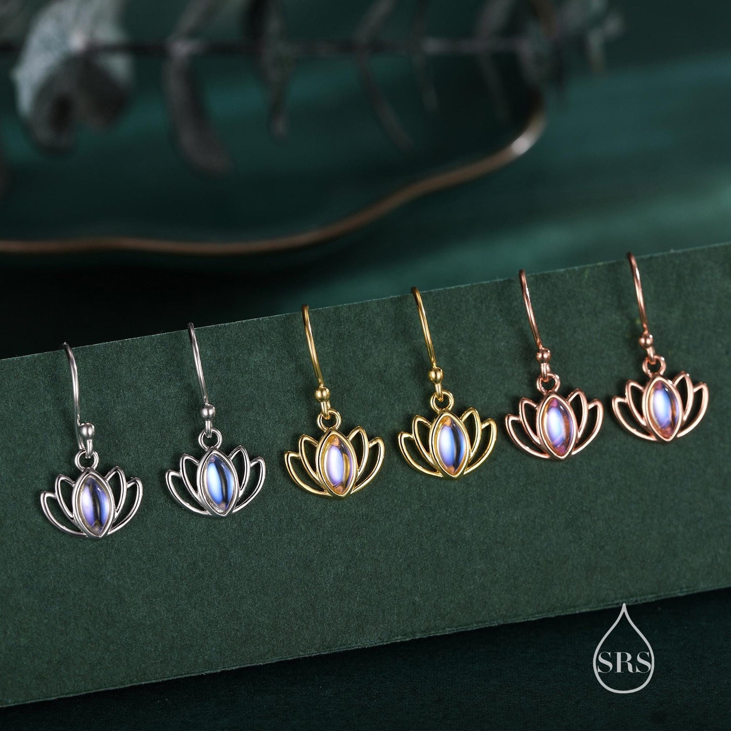 Sterling Silver Lotus Flower Drop Hook Earrings with Lab Moonstone, Silver or Gold or Rose Gold, Water Lily Earrings, Lotus Earrings
