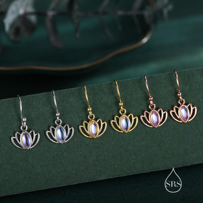 Sterling Silver Lotus Flower Drop Hook Earrings with Lab Moonstone, Silver or Gold or Rose Gold, Water Lily Earrings, Lotus Earrings