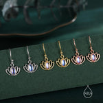 Sterling Silver Lotus Flower Drop Hook Earrings with Lab Moonstone, Silver or Gold or Rose Gold, Water Lily Earrings, Lotus Earrings