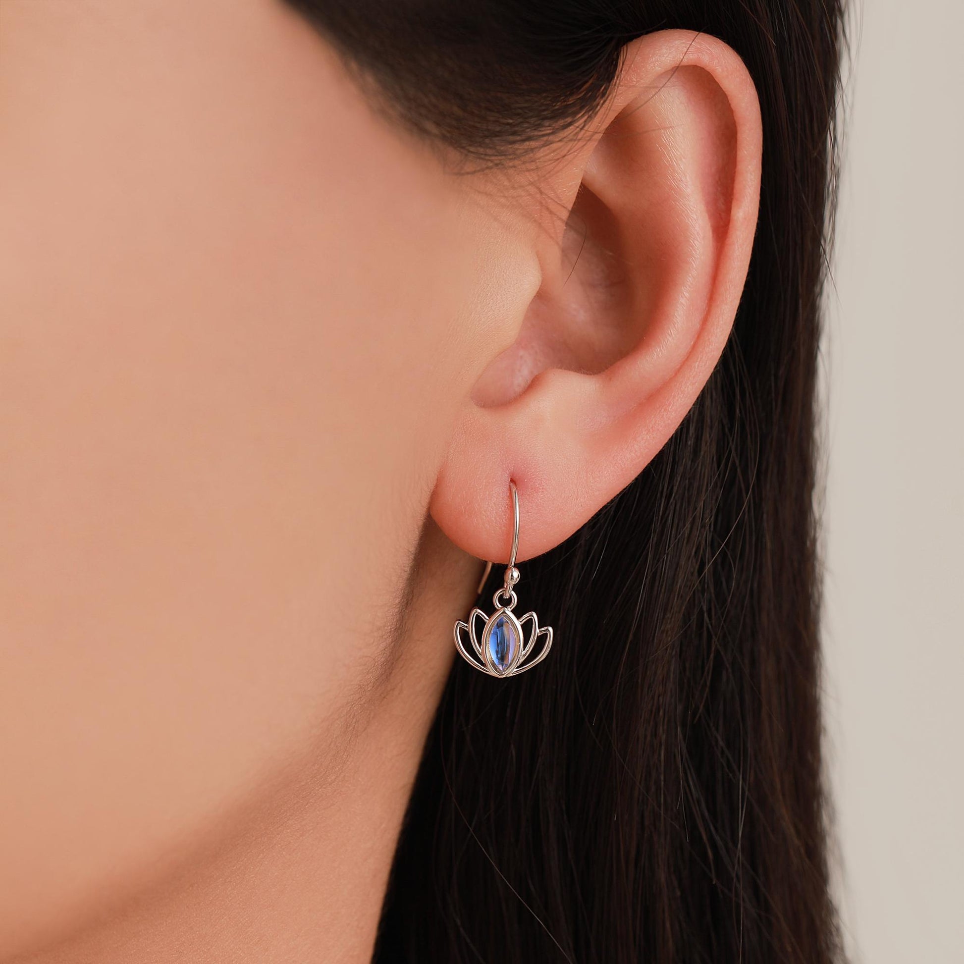 Sterling Silver Lotus Flower Drop Hook Earrings with Lab Moonstone, Silver or Gold or Rose Gold, Water Lily Earrings, Lotus Earrings