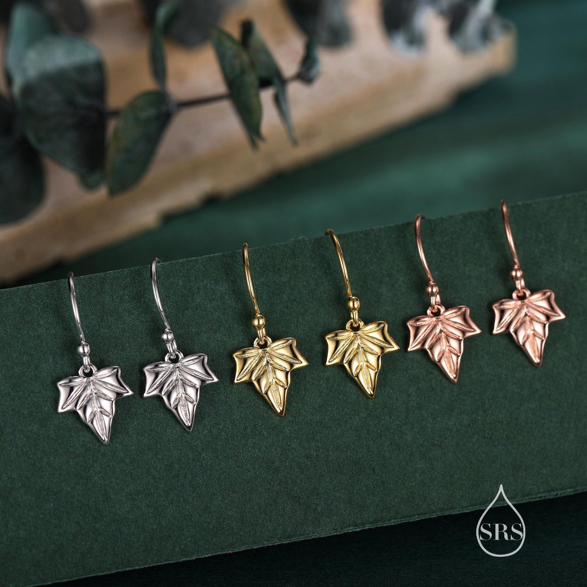 Ivy Leaf Drop Hook Earrings in Sterling Silver, Silver or Gold or Rose Gold, Petite Ivy Leaf Earrings, Small Leaf Stud, Nature Inspired