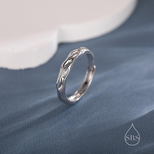 Sterling Silver Ripple Wave Ring, Adjustable Size, Silver or Gold, Hammered Texture Ring Dainty and Delicate