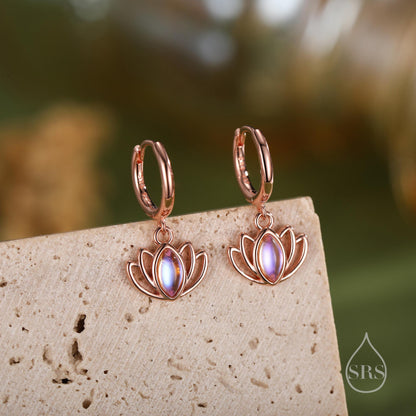 Sterling Silver Lotus Flower Huggie Hoop Earrings with Lab Moonstone, Silver or Gold or Rose Gold, Water Lily Earrings, Lotus Earrings