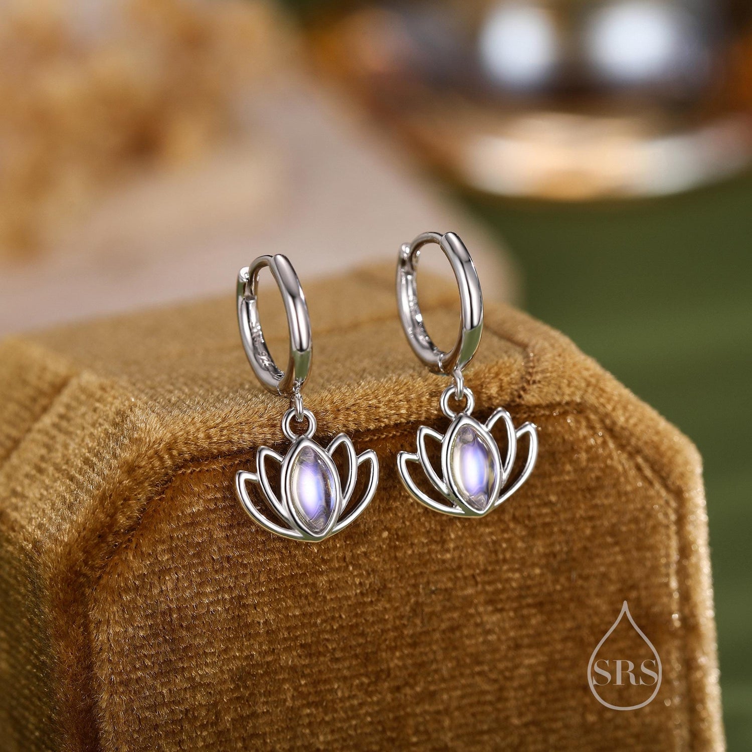 Sterling Silver Lotus Flower Huggie Hoop Earrings with Lab Moonstone, Silver or Gold or Rose Gold, Water Lily Earrings, Lotus Earrings