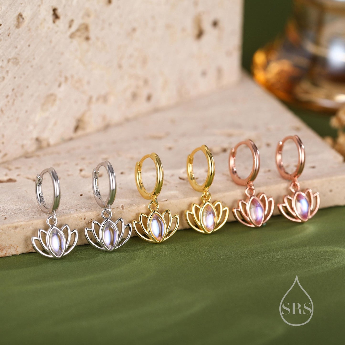 Sterling Silver Lotus Flower Huggie Hoop Earrings with Lab Moonstone, Silver or Gold or Rose Gold, Water Lily Earrings, Lotus Earrings