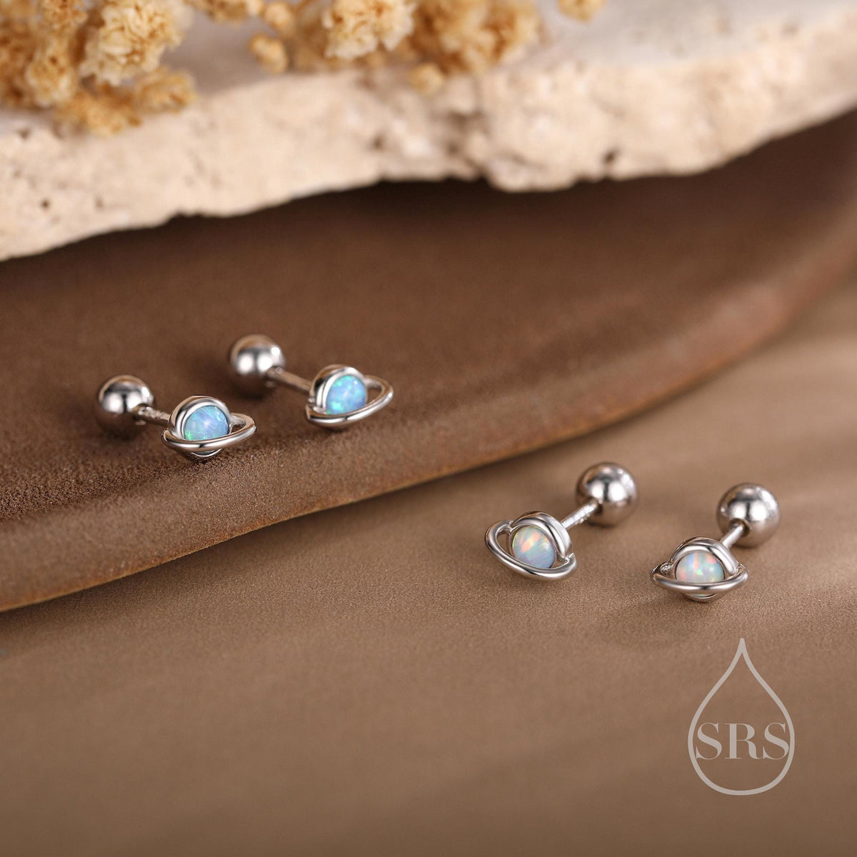 Tiny Blue/White Opal Planet Screw Back Earrings in Sterling Silver