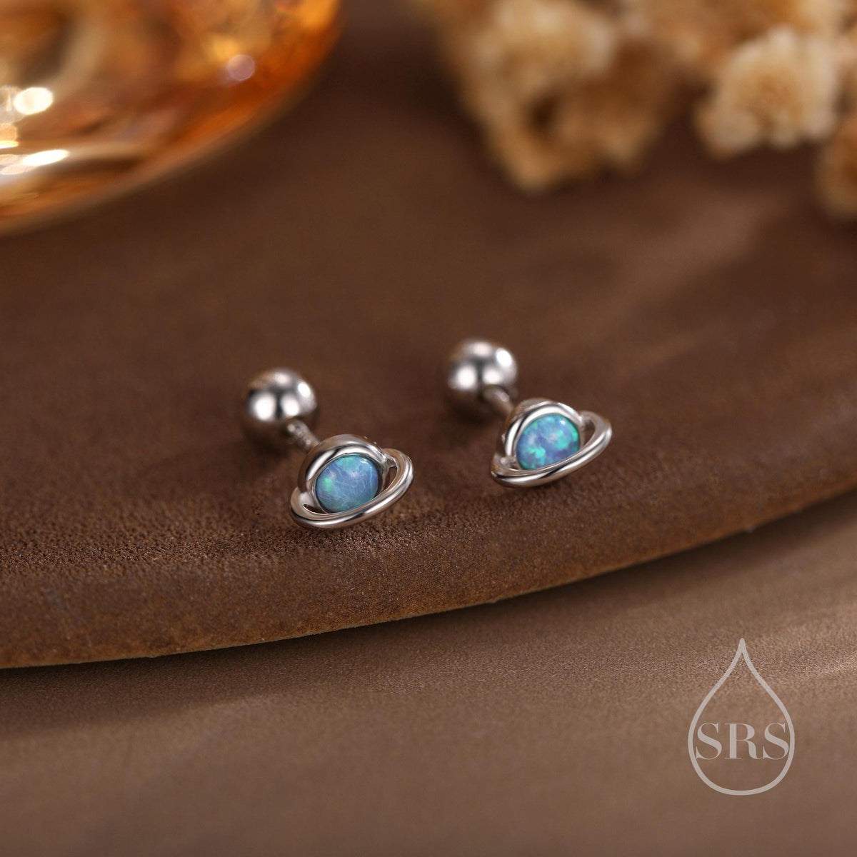 Tiny Blue/White Opal Planet Screw Back Earrings in Sterling Silver