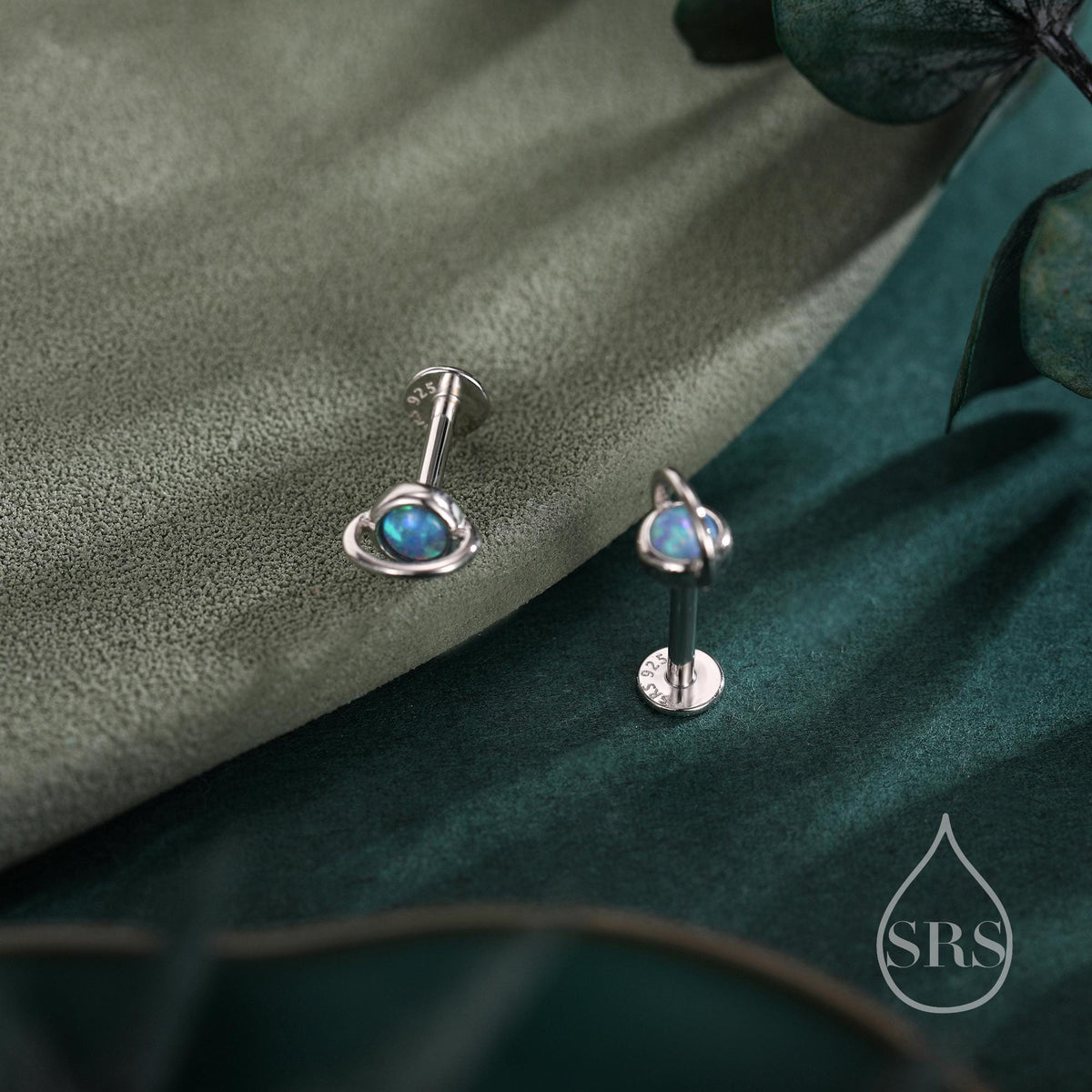 Tiny Blue/White Opal Planet 16G Internally Threaded Flat Back Earrings in Sterling Silver