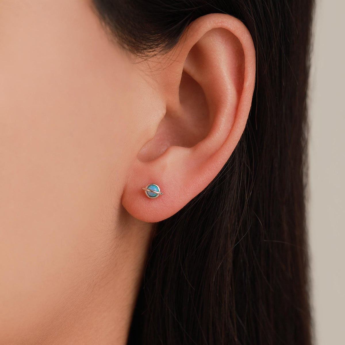 Tiny Blue/White Opal Planet Screw Back Earrings in Sterling Silver