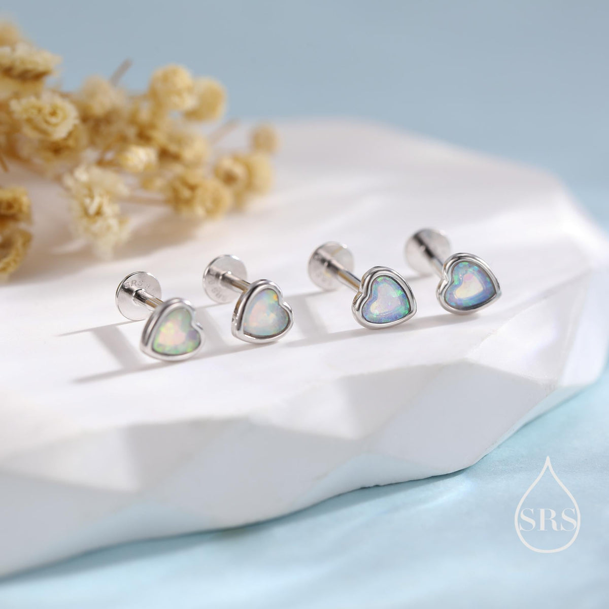 White or Blue Opal Heart 16G Flat Back Earrings in Sterling Silver