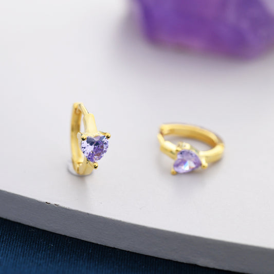 Alexandrite CZ Heart Huggie Hoop in Sterling Silver, Silver or Gold, 8mm Inner Diameter, Stacking Earrings