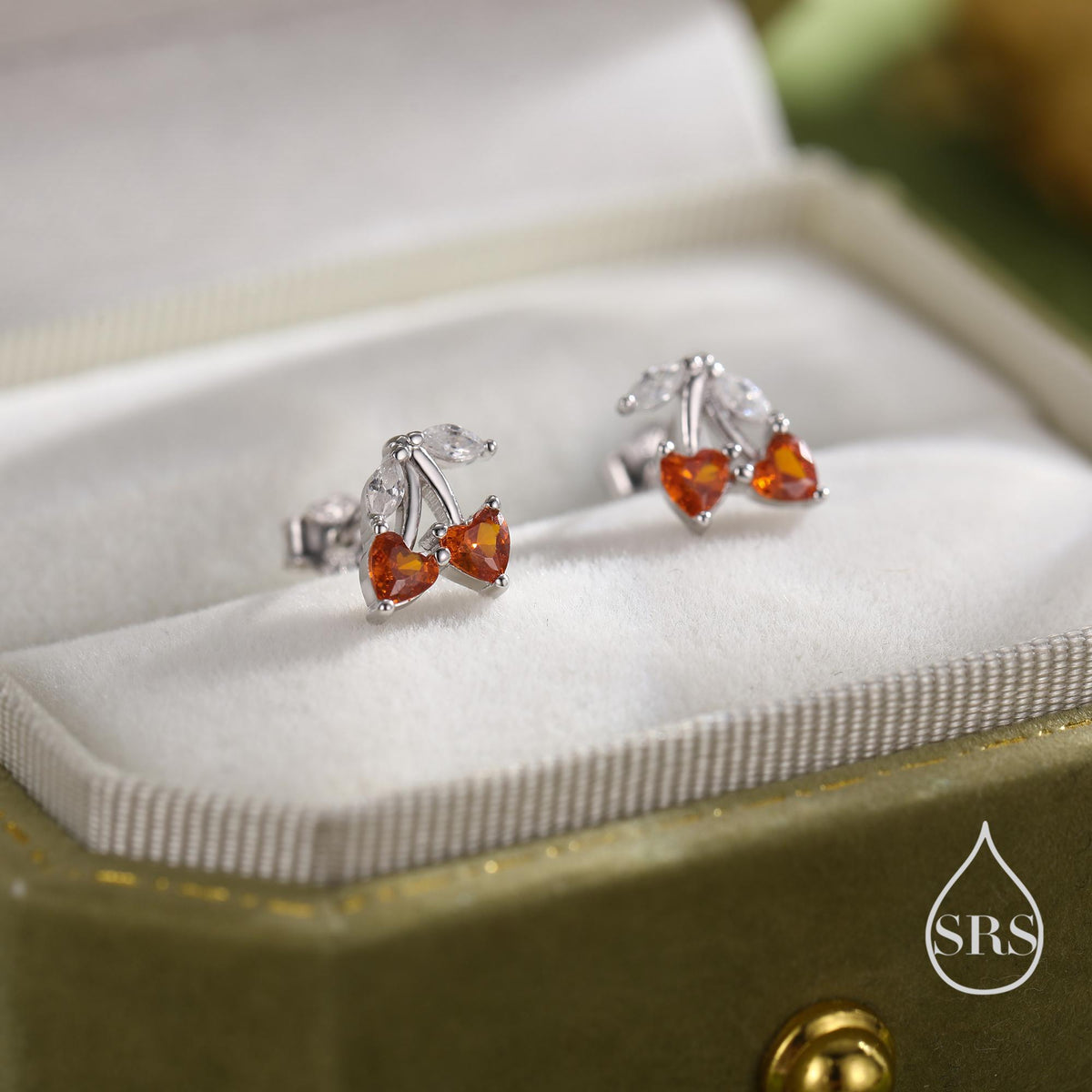 Cherry Stud Earrings in Sterling Silver, Garnet Red CZ, Fruit Earrings, Fun and Quirky Earrings