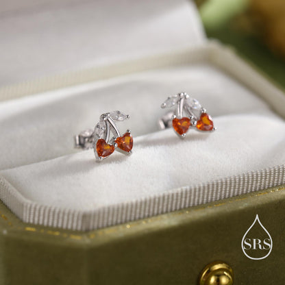 Cherry Stud Earrings in Sterling Silver, Ruby Red CZ, Fruit Earrings, Fun and Quirky Earrings