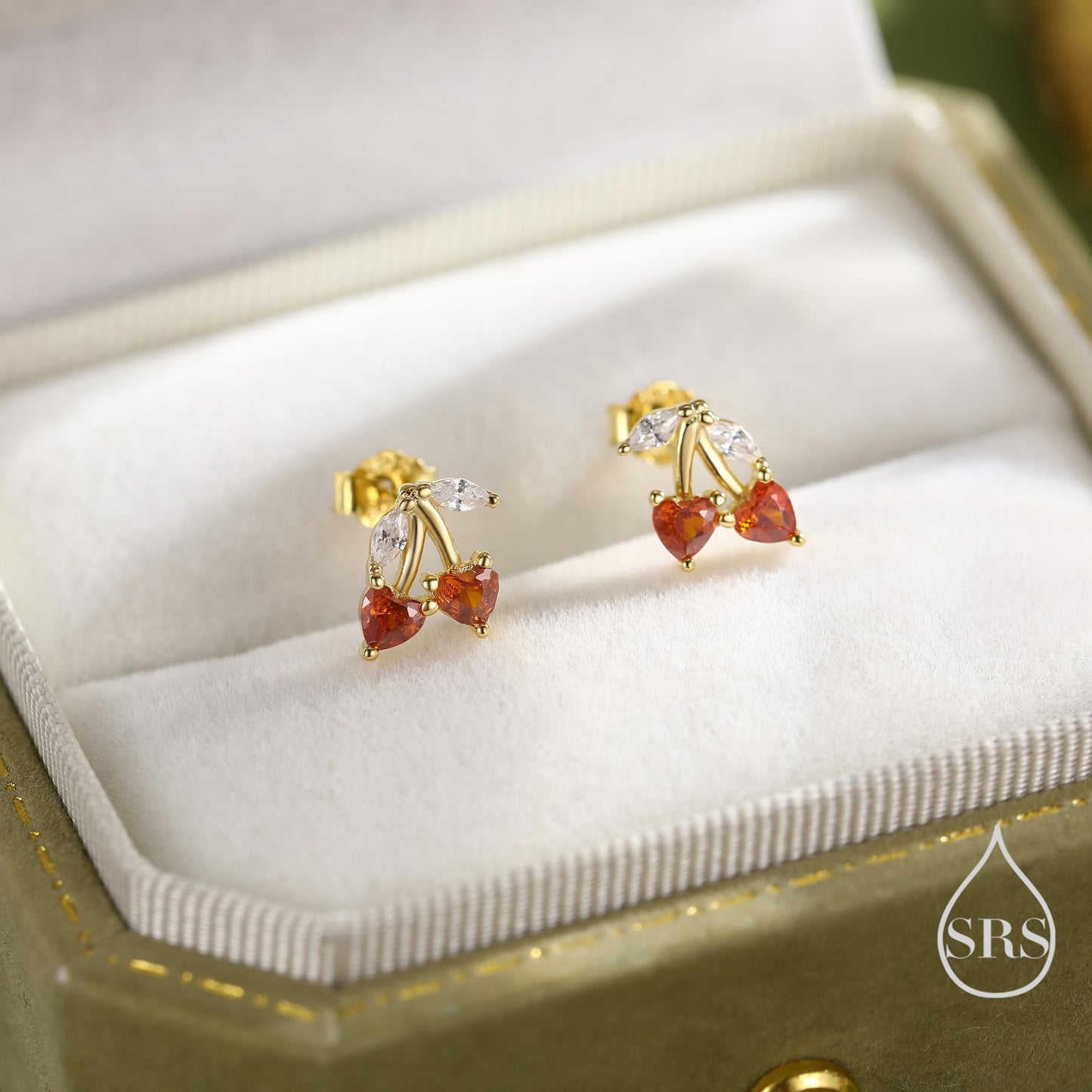 Cherry Stud Earrings in Sterling Silver, Garnet Red CZ, Fruit Earrings, Fun and Quirky Earrings