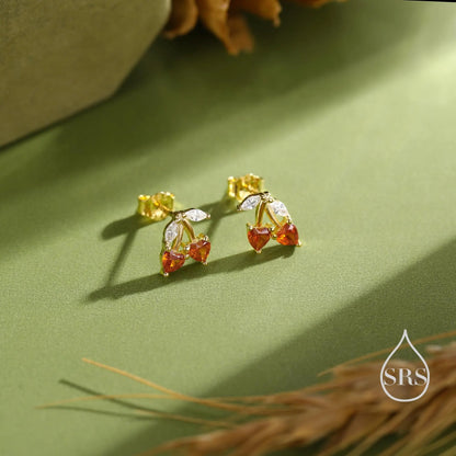 Cherry Stud Earrings in Sterling Silver, Ruby Red CZ,  Fruit Earrings, Fun and Quirky Earrings