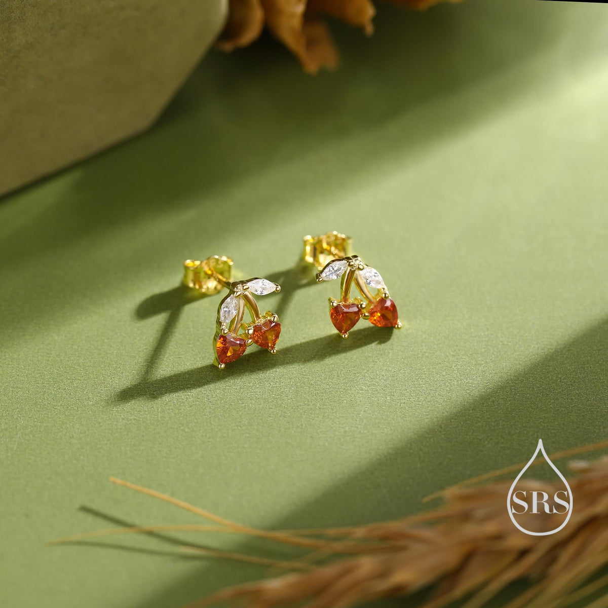 Cherry Stud Earrings in Sterling Silver, Garnet Red CZ, Fruit Earrings, Fun and Quirky Earrings