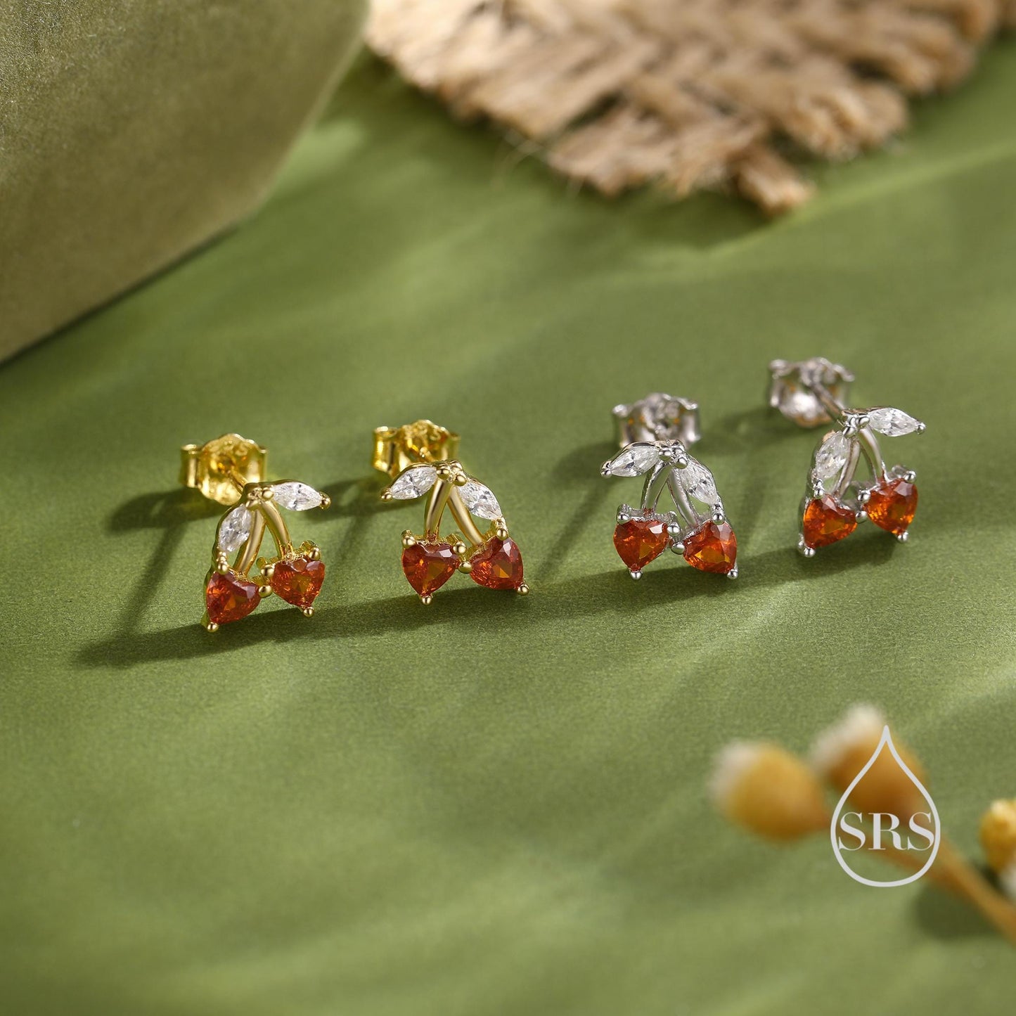 Cherry Stud Earrings in Sterling Silver, Ruby Red CZ, Fruit Earrings, Fun and Quirky Earrings