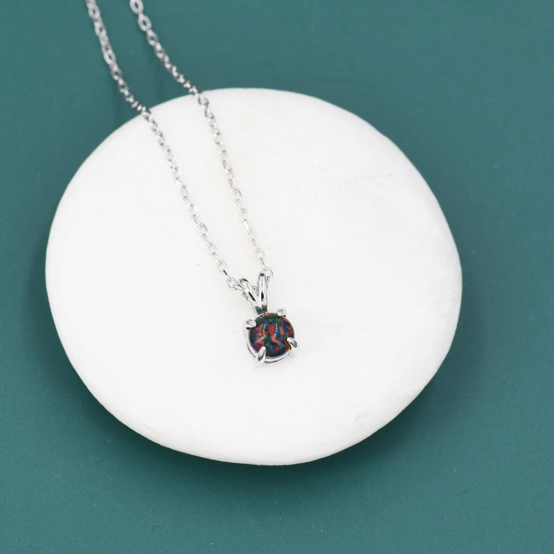 Tiny Black Opal Pendant Necklace in Sterling Silver, 5mm Lab Opal Necklace, Single Opal Necklace, Fire Opal Necklace