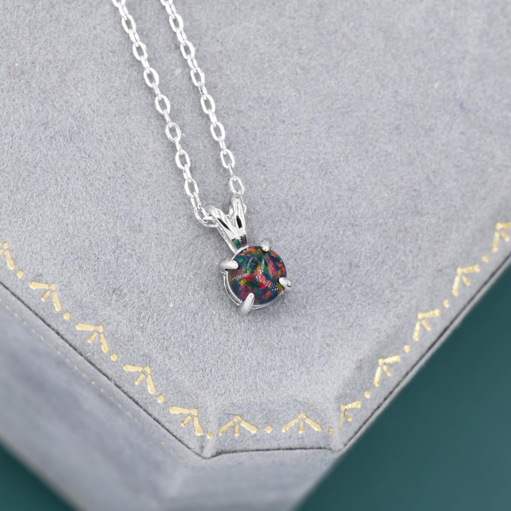 Tiny Black Opal Pendant Necklace in Sterling Silver, 5mm Lab Opal Necklace, Single Opal Necklace, Fire Opal Necklace
