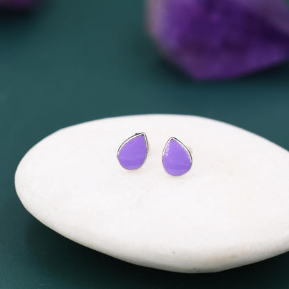 Enamel Purple Droplet Dot Stud Earrings in Sterling Silver with Hand Painted Enamel, Pastel Purple Stud, Enamel Droplet, Drop Shape