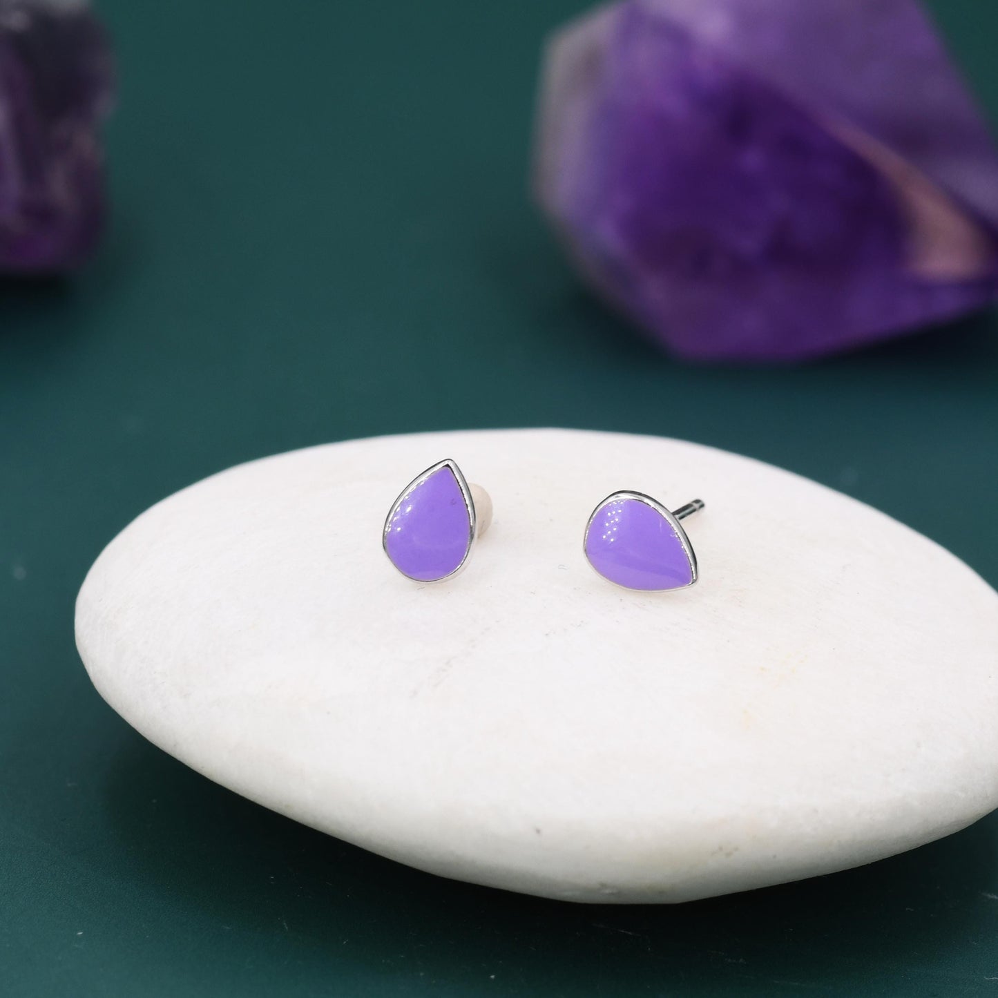 Enamel Purple Droplet Dot Stud Earrings in Sterling Silver with Hand Painted Enamel, Pastel Purple Stud, Enamel Droplet, Drop Shape