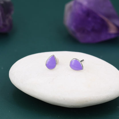 Enamel Purple Droplet Dot Stud Earrings in Sterling Silver with Hand Painted Enamel, Pastel Purple Stud, Enamel Droplet, Drop Shape