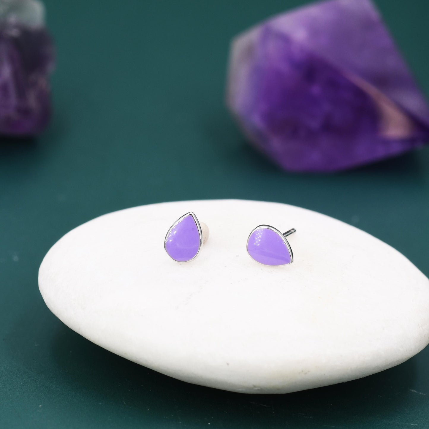 Enamel Purple Droplet Dot Stud Earrings in Sterling Silver with Hand Painted Enamel, Pastel Purple Stud, Enamel Droplet, Drop Shape