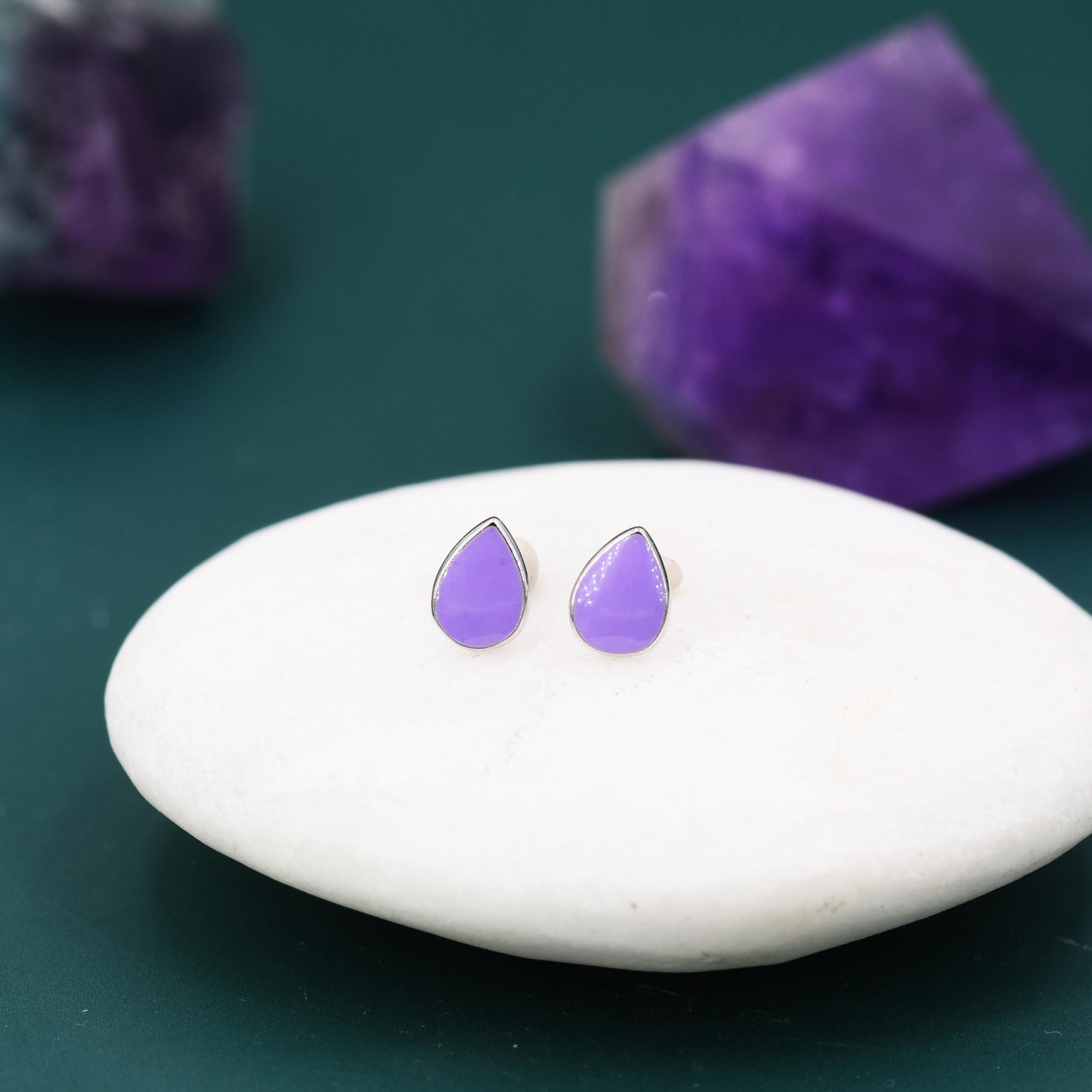 Enamel Purple Droplet Dot Stud Earrings in Sterling Silver with Hand Painted Enamel, Pastel Purple Stud, Enamel Droplet, Drop Shape