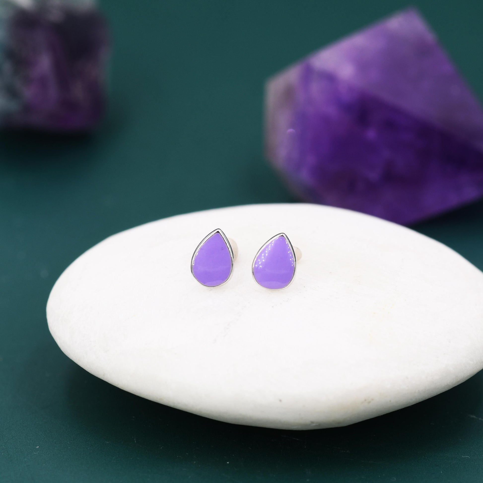 Enamel Purple Droplet Dot Stud Earrings in Sterling Silver with Hand Painted Enamel, Pastel Purple Stud, Enamel Droplet, Drop Shape
