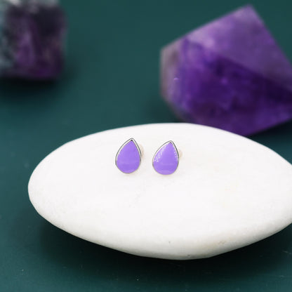 Enamel Purple Droplet Dot Stud Earrings in Sterling Silver with Hand Painted Enamel, Pastel Purple Stud, Enamel Droplet, Drop Shape