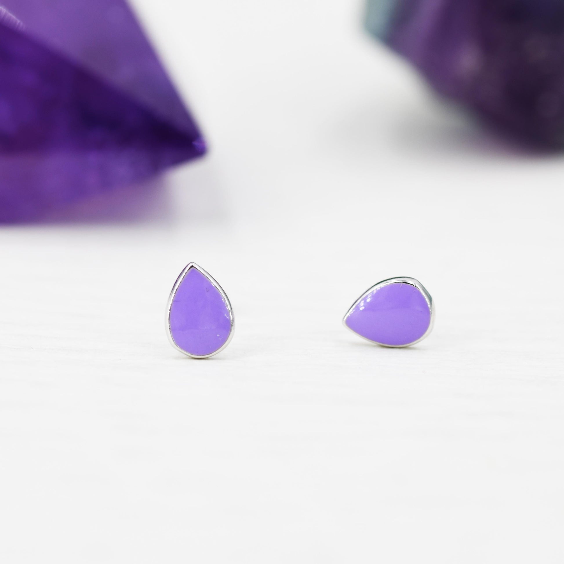Enamel Purple Droplet Dot Stud Earrings in Sterling Silver with Hand Painted Enamel, Pastel Purple Stud, Enamel Droplet, Drop Shape
