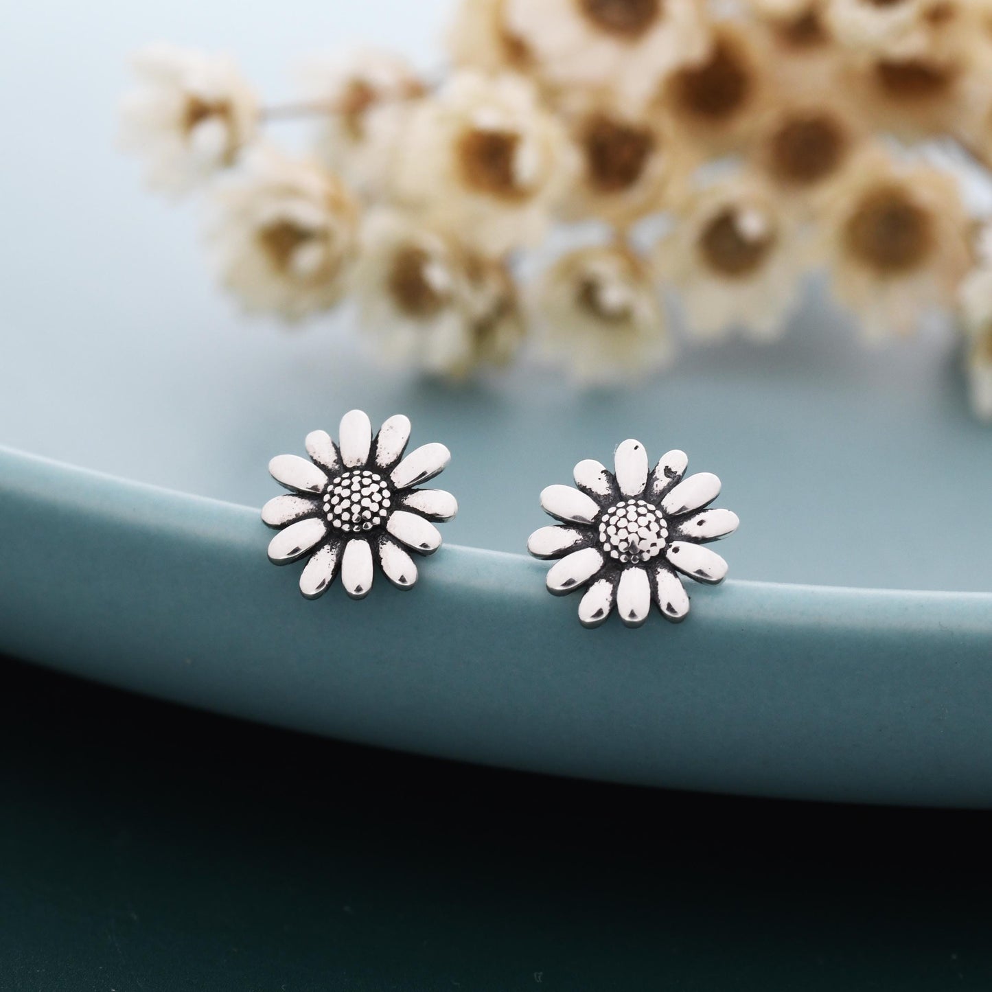 Tiny Daisy Flower Stud Earrings in Sterling Silver, Two Finished Available Silver Daisy Earrings, Silver Daisy Blossom Earrings