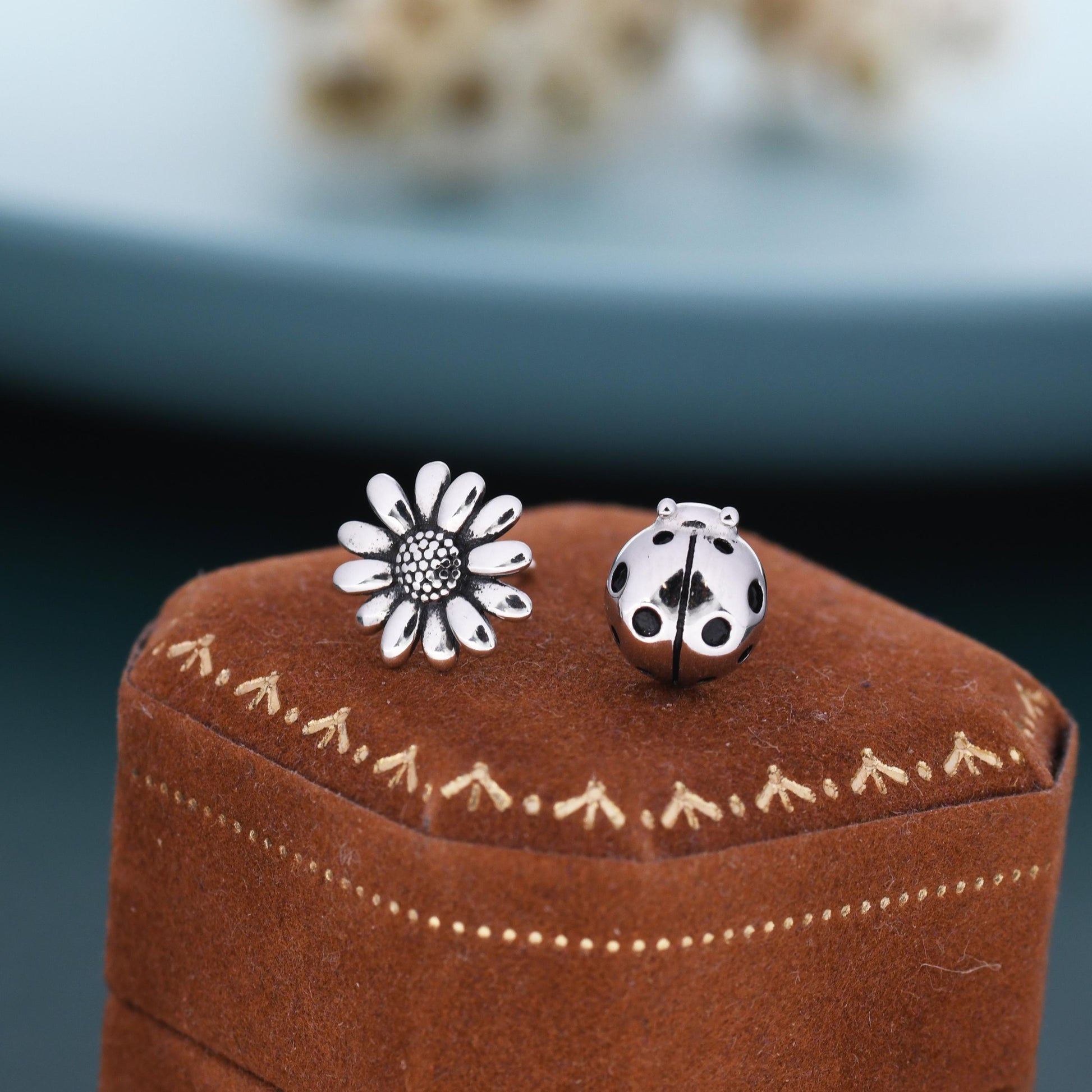 Mismatched Ladybird and Daisy Flower Stud Earrings in Sterling Silver, Silver ladybird Earrings, Asymmetric Nature Inspired Earrings