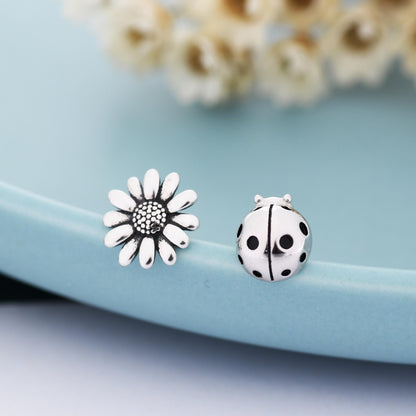 Mismatched Ladybird and Daisy Flower Stud Earrings in Sterling Silver, Silver ladybird Earrings, Asymmetric Nature Inspired Earrings