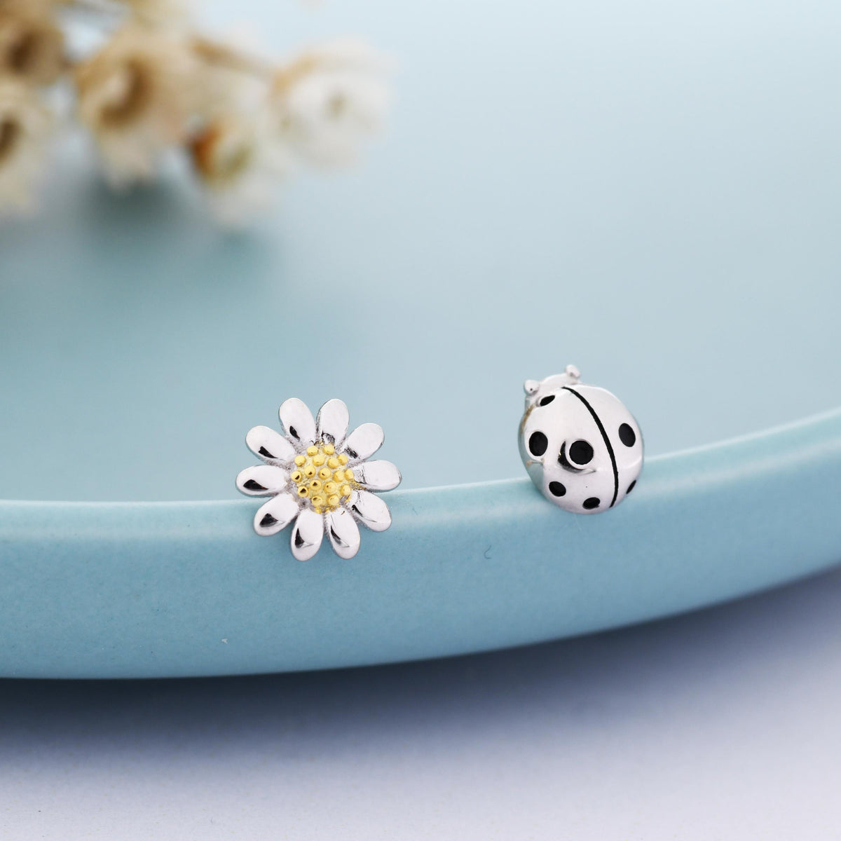 Mismatched Ladybird and Daisy Stud Earrings in Sterling Silver, Silver ladybird Earrings, Asymmetric Nature Inspired Earrings