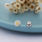 Mismatched Ladybird and Daisy Stud Earrings in Sterling Silver, Silver ladybird Earrings, Asymmetric Nature Inspired Earrings