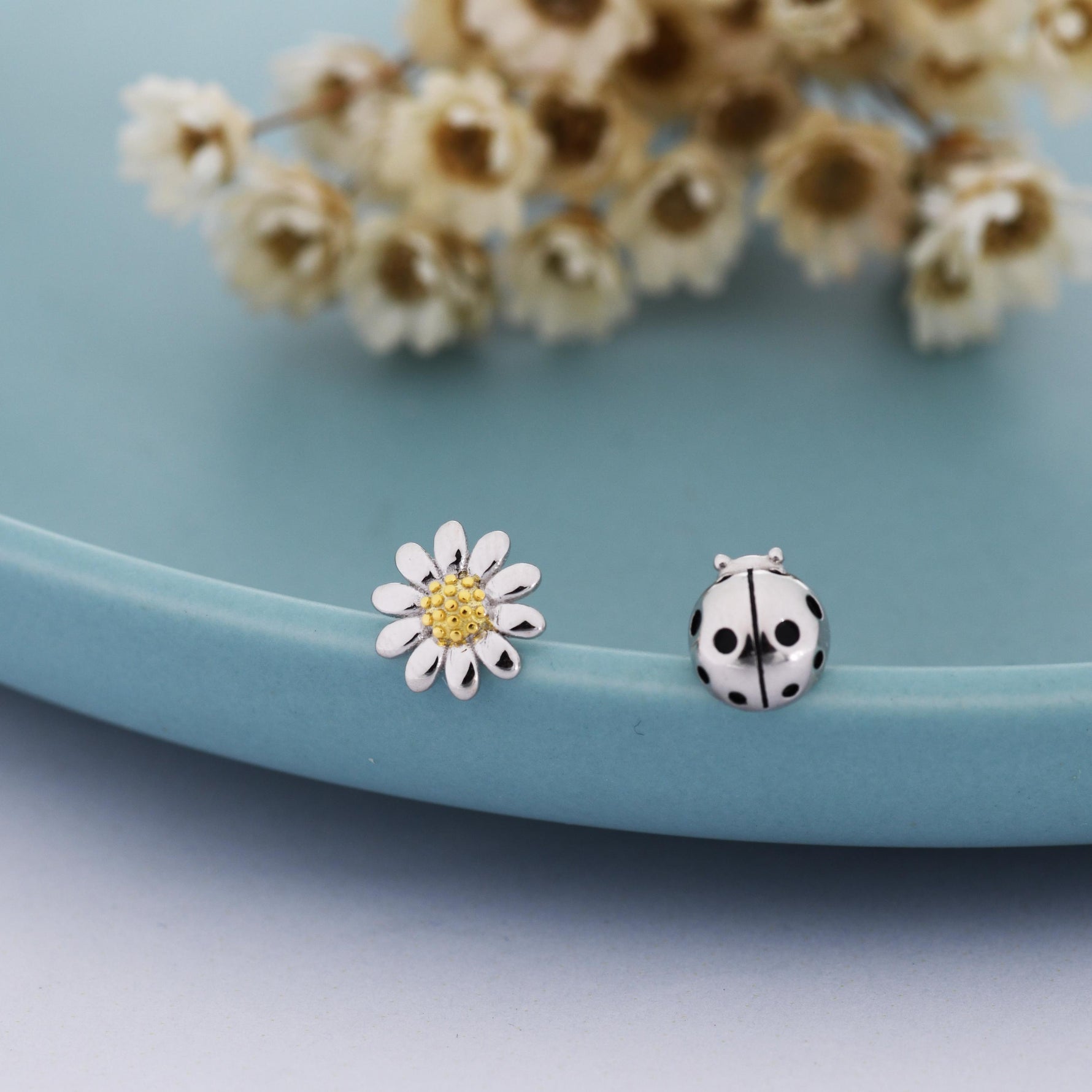 Mismatched Ladybird and Daisy Stud Earrings in Sterling Silver, Silver ladybird Earrings, Asymmetric Nature Inspired Earrings