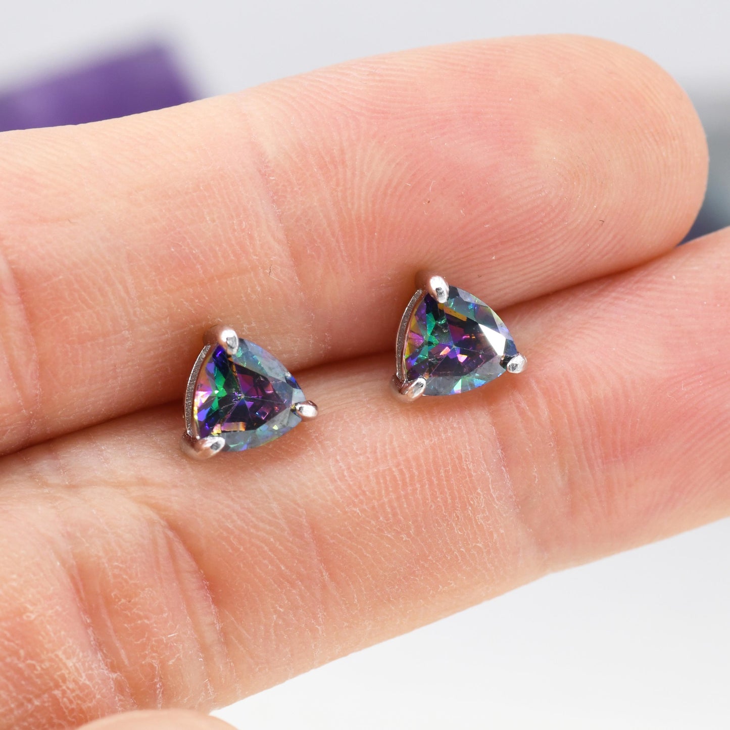 6mm Trillion Cut Mystic Black CZ Stud Earrings in Sterling Silver, Silver or Gold, Cubic Zirconia Crystal Earrings