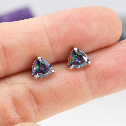 6mm Trillion Cut Mystic Black CZ Stud Earrings in Sterling Silver, Silver or Gold, Cubic Zirconia Crystal Earrings