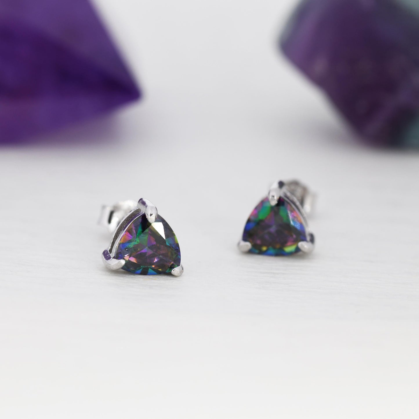 6mm Trillion Cut Mystic Black CZ Stud Earrings in Sterling Silver, Silver or Gold, Cubic Zirconia Crystal Earrings