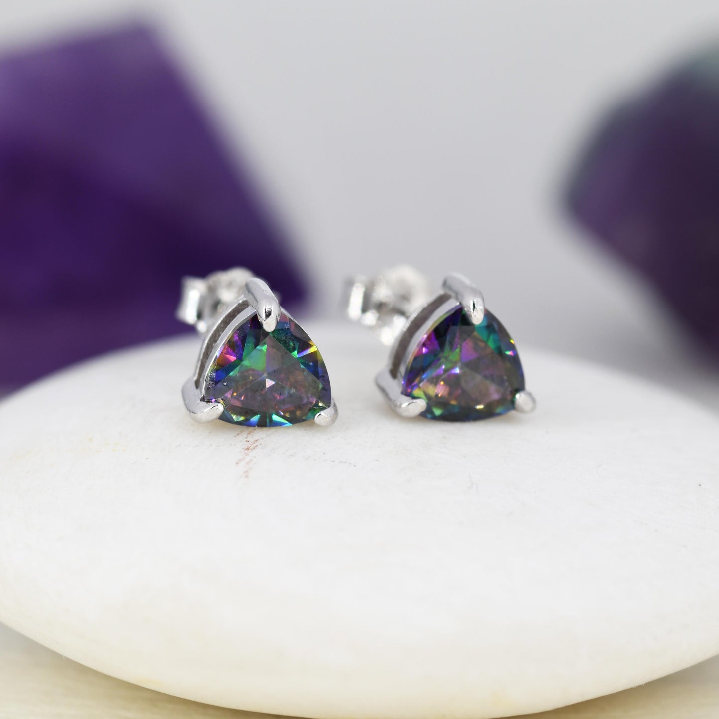 6mm Trillion Cut Mystic Black CZ Stud Earrings in Sterling Silver, Silver or Gold, Cubic Zirconia Crystal Earrings