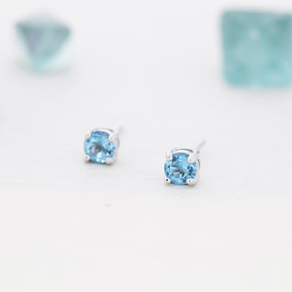Sterling Silver Natural Topaz Stud Earrings, 4mm Prong Set, Genuine Blue Topaz Gemstone Stud, Minimalist Style,